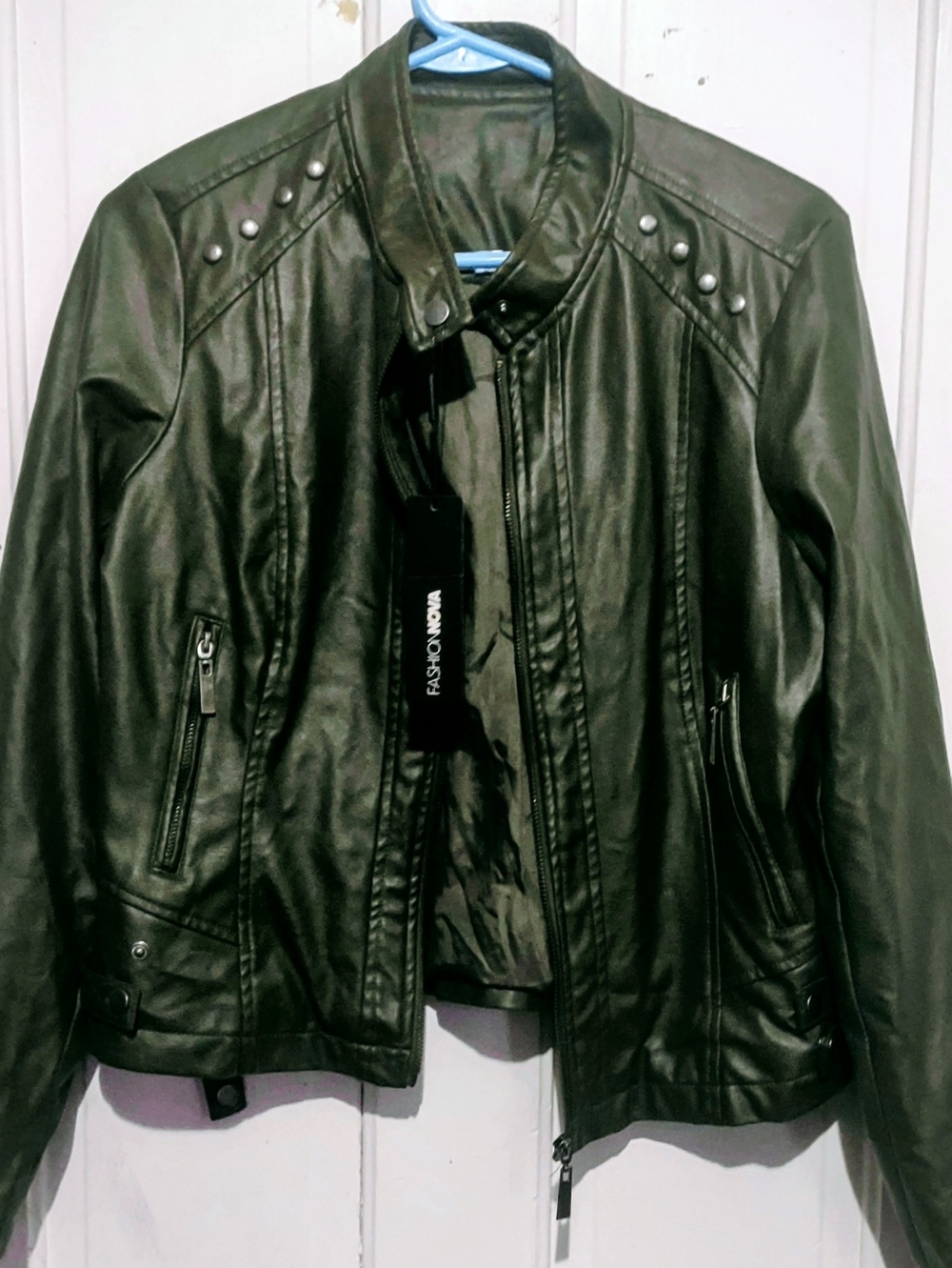 Olive Green Faux Leather Studded Jacket